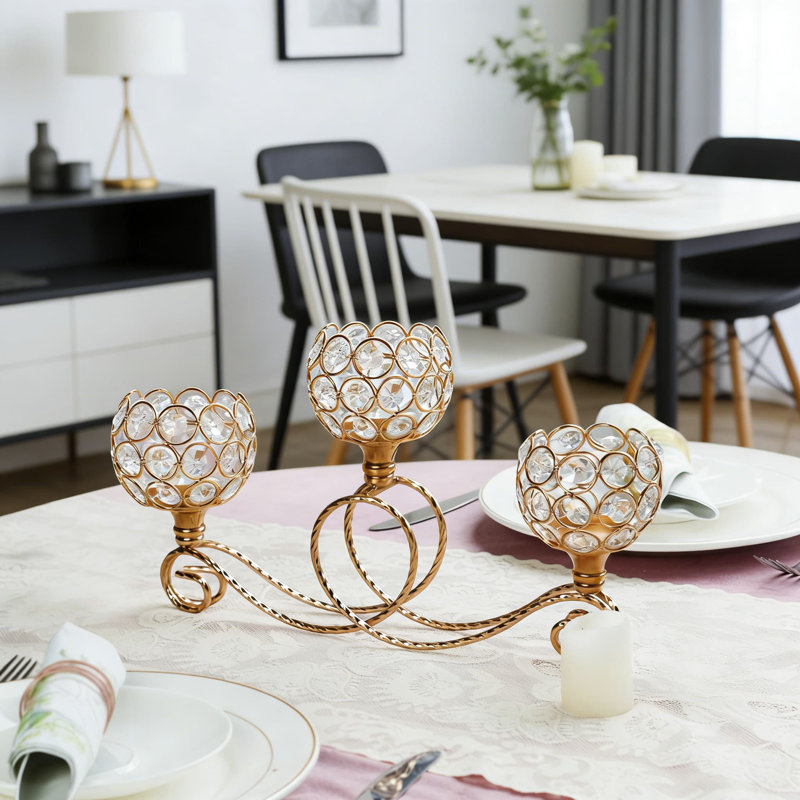 Élégant porte-bougie en cristal à 3 bras, centre de table en métal doré pour décoration de salon, de Noël et de salon