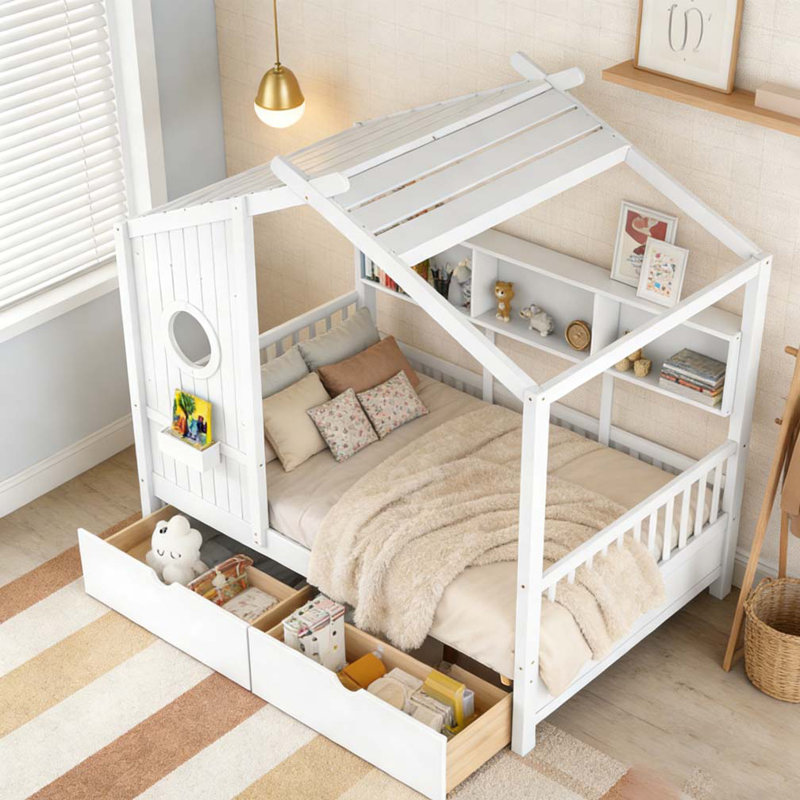 Lit en bois avec 2 tiroirs, Lit simple, Blanc