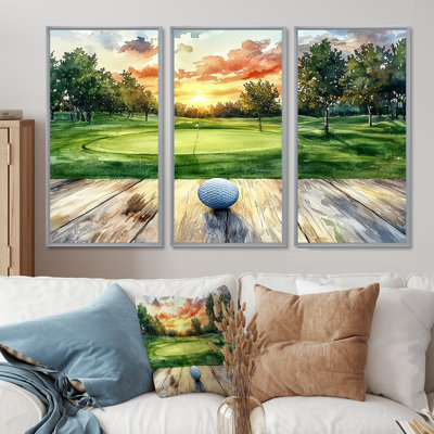 Pratique de golf sur un plateau en bois - Art mural en toile de golf - 3 panneaux