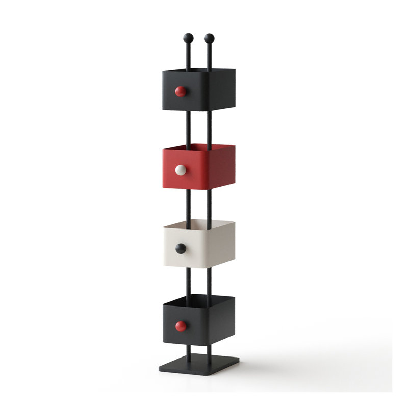 Bibliothèque moderne en métal noir et rouge, tour de rangement verticale à 4 niveaux pour le bureau à domicile ou la chambre à coucher