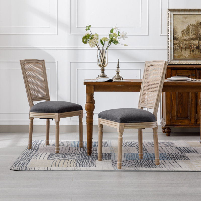 Chaise de salle à manger style français à structure carrée et dossier en bois massif, ensemble de 2, Gris foncé antique