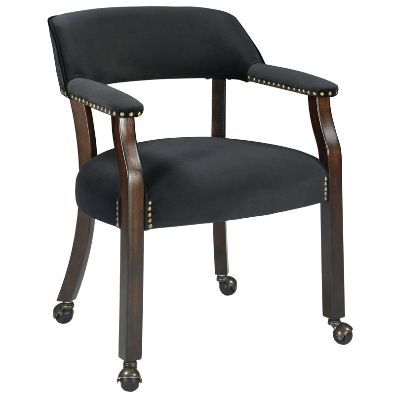Wexford Collection Mid-Century Modern Upholstered Fabric Dining Chair, Wood Accent Chair with Arms and Casters for Dining Room, Vanity or Office, Velvet-Look Black Dining Chair