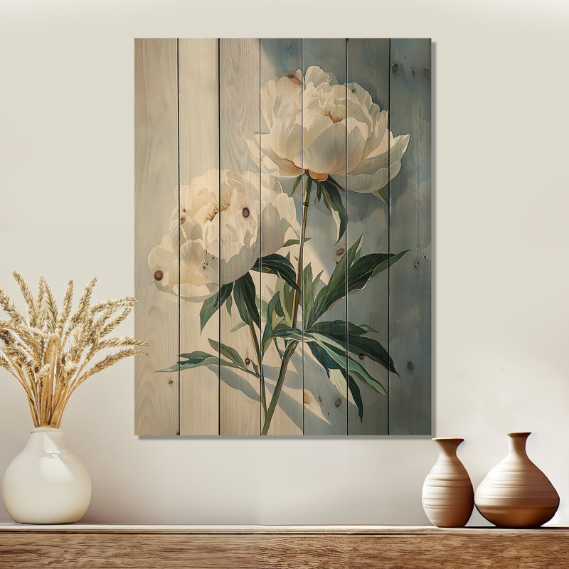 Aqua Peonies And Geometric Shadows II - Peonies Wood Wall Decor - On Natural Pine Wood, 44" H x 34" W x 0.78" D