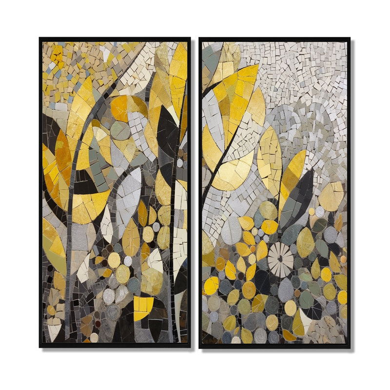 Motifs jaunes et gris en fusion artistique - art mural jaune, H 32 po x l 32 po, Impression encadrée flottante, Noir