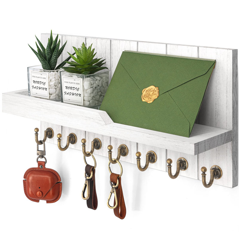 Decorative Key And Mail Holder For Wall - Farmhouse 15 Inches Floating Shelf With 7 Sturdy Key Hooks For Home Entryway Wall Decor - Rustic Key Racks