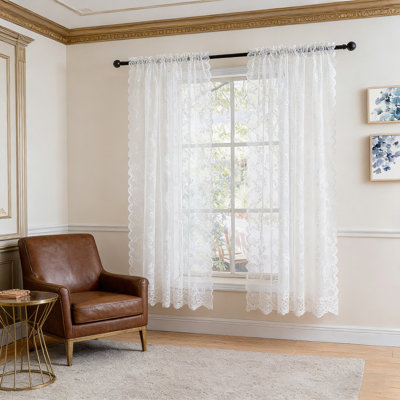 1pcs White Lace Curtains Scalloped Sheer Vintage Embroidered Window Treatment with Rod Pocket for Bedroom Kitchen Sun-Room