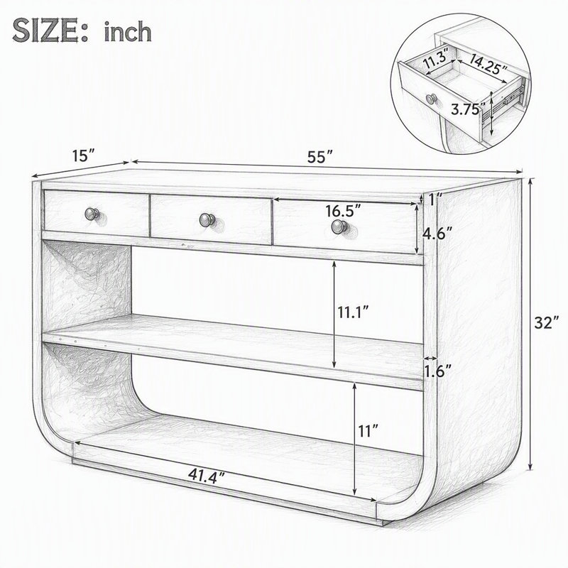 Console moderne avec 3 tiroirs à fermeture en douceur et 2 tablettes ouvertes, Blanc, Blanc, Blanc