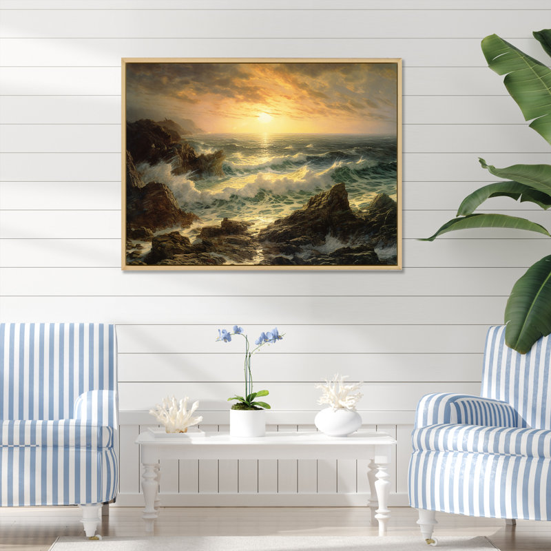 «Wild Ocean with Breaking Waves Golden Hour», reproduction, H 16 po x l 32 po x P 1 po, Cadre naturel flottant