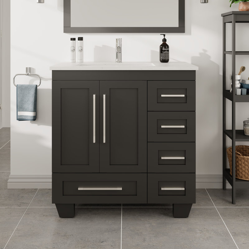 Kempst 30"W x 22"D Bathroom Vanity with Undermount Porcelain Sink, Espresso, Marble - White Carrara