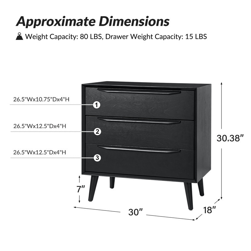 Aviannah 30" W 3-Drawer Accent Chest with Power Outlet, Black