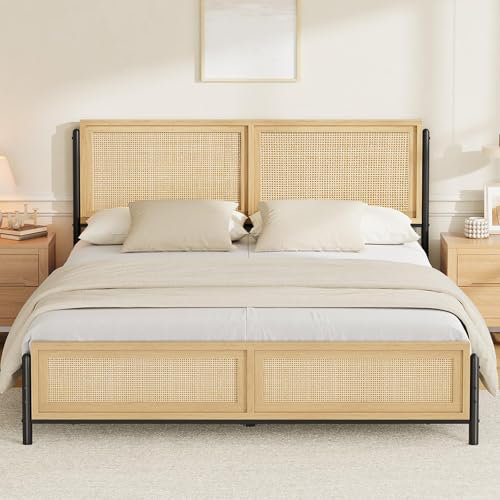 Structure de lit Boho avec tête et pied de lit en rotin naturel, Brun, Très grand lit