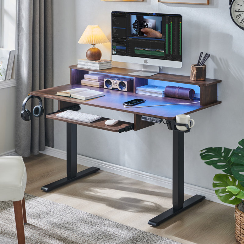48" Height-Adjustable Standing Desk with Keyboard Tray, Power Outlets, LED Lights, Dark Walnut/Black