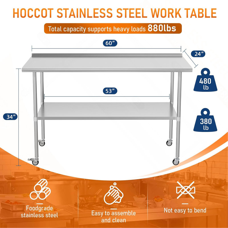 Table de préparation en acier inoxydable 24 po x 60 po avec dosseret à roulettes et tablette réglable pour la cuisine commerciale, l'extérieur, le restaurant, l'hôtel et le garage