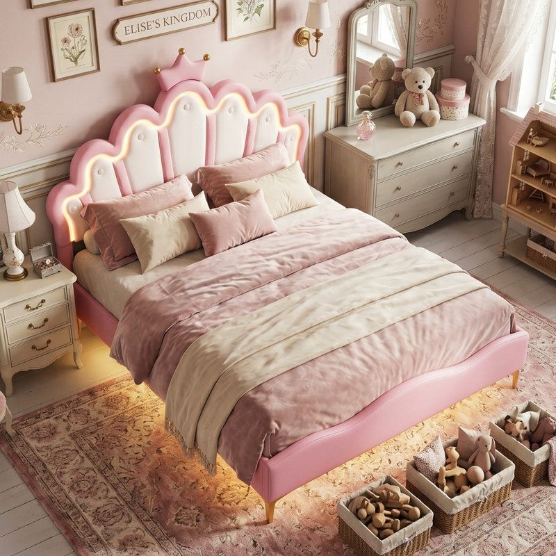 Multi-Sizes Upholstered Princess Bed With Dual-Zone Led, PU Leather Height-Adjustable Headboard, Pink/White (90x190, 90x200, 140x200)