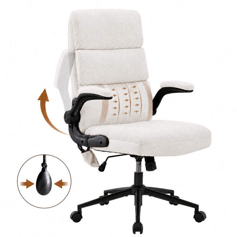 Ergonomic Executive Chair with Flip-up Armrests and Inflatable Lumbar Support, Beige White