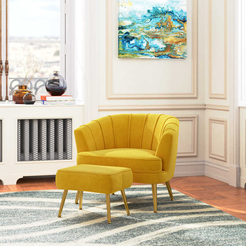 Latonia 26" Wide Barrel Chair and Ottoman, Yellow Velvet