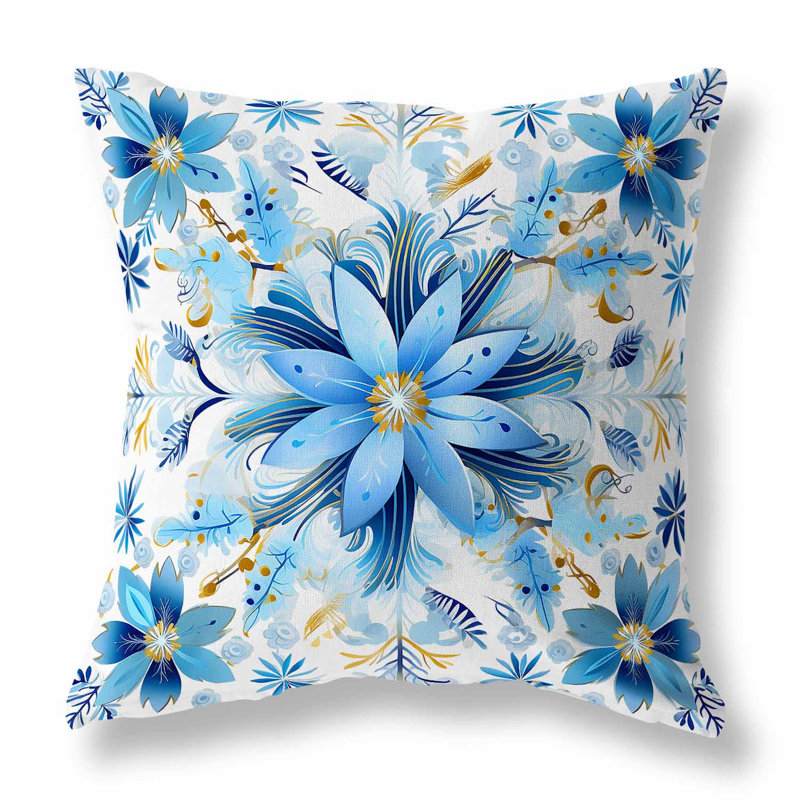 Coussin décoratif réversible intérieur / extérieur Snowy Crest, H 20 po x l 20 po, Bleu/blanc/or