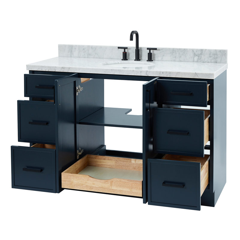 ARIEL Kelly 55 Single Sink Bathroom Vanity with Italian Carrara Marble Top, Midnight Blue