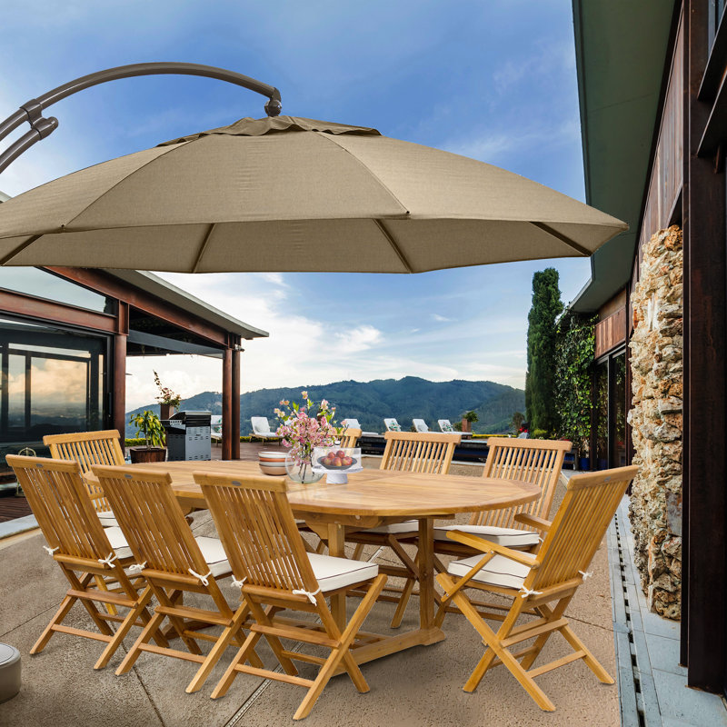 8 - Person Teak Wood Patio Dining Set with Extendable Oval Table , Cushions Included