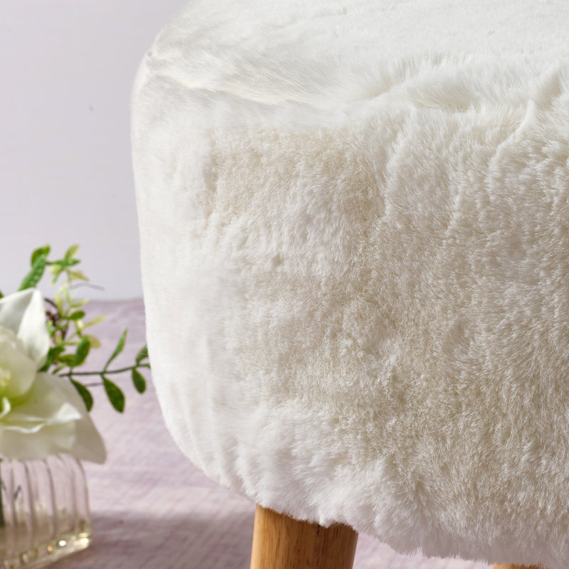 Weisser Upholstered Ottoman, Bright White Faux Fur