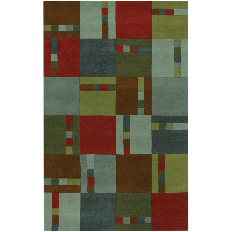 Frias Authentic Hand-Tufted Handmade Red, Olive Green, Brown & Slate Blue Modern Color Block Patchwork Wool Area Rug, 2' x 3'