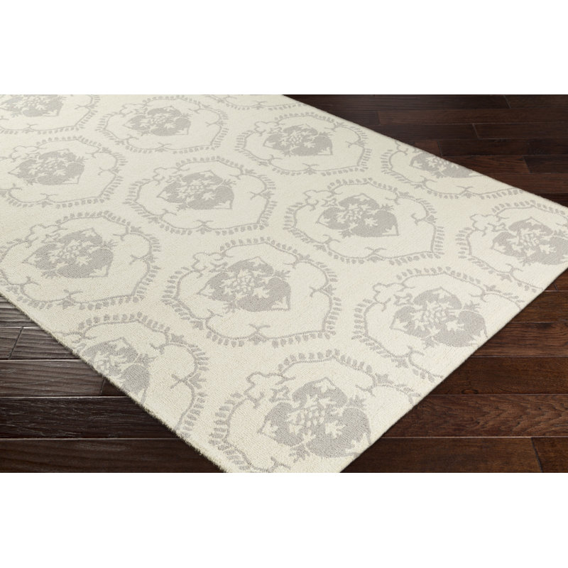 Tapis ivoire / gris clair en laine touffeté à la main Ebert, Rectangle de 7 pi 6 po x 9 pi 6 po
