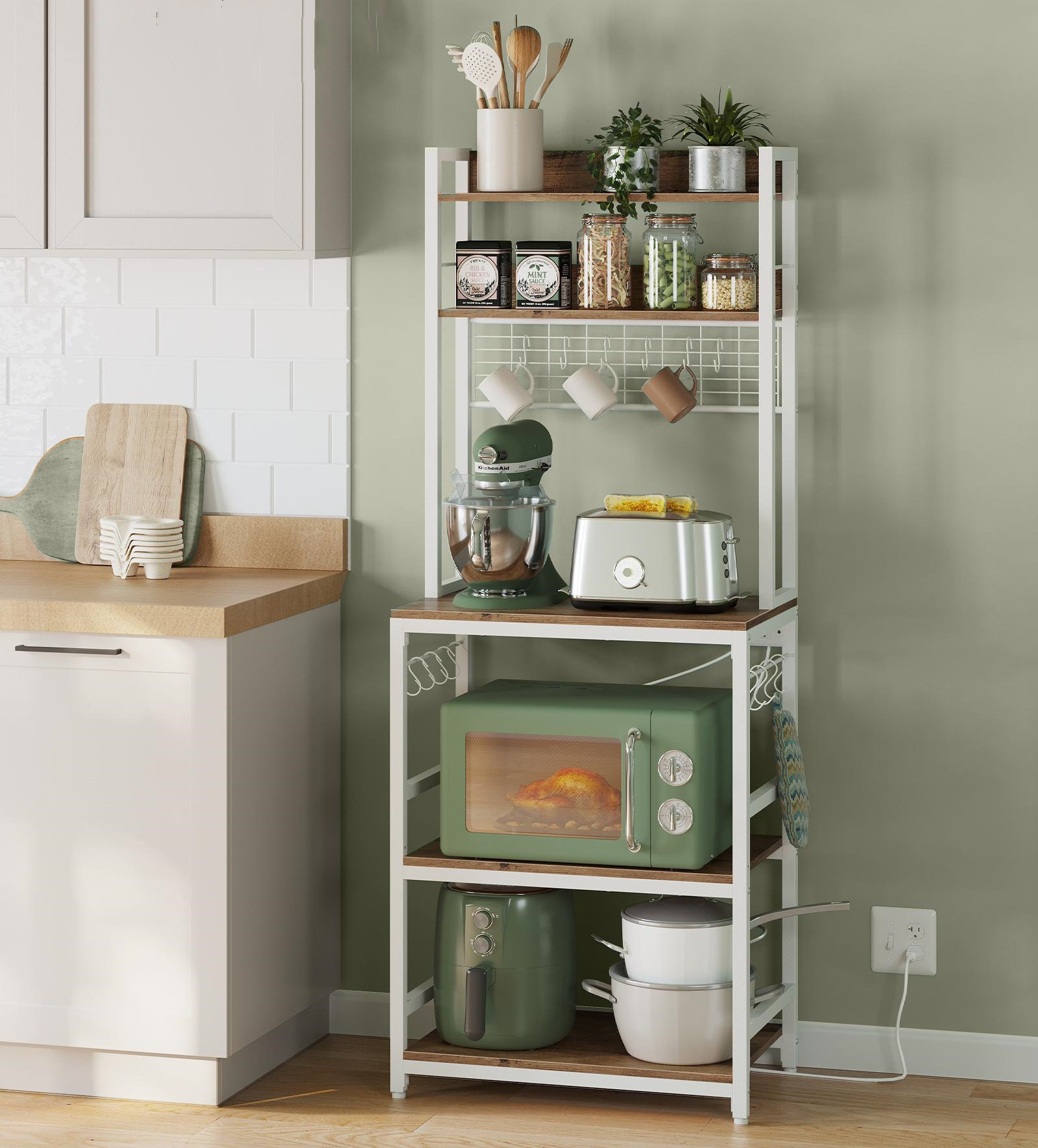 66.9''H 5-Tier Baker’s Rack with Power Outlet & Adjustable Shelf - Rustic Walnut/White, 66.9" H x 31.5" W x 15.7" D