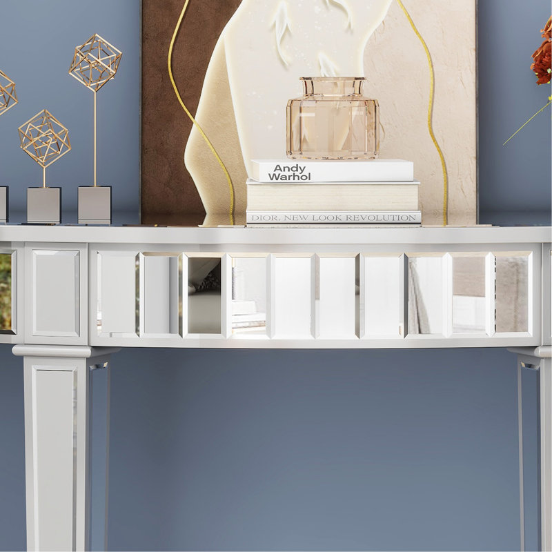 Modern Mirrored Glass Console Table With Open Storage Shelves And Retro Style
