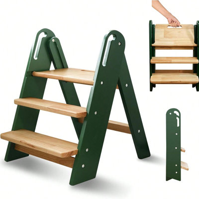 3 Step Stool For Toddler, Foldable Wooden Ladder With Handles For Kids 1-6 Years,Green