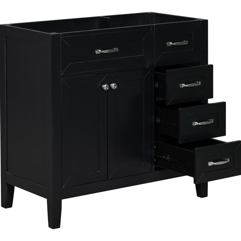 Meuble-lavabo 36 po sans lavabo. Armoire noire avec tiroirs. Bois d'hévéa massif et rangement. Assemblage requis seulement. Base autoportante moderne