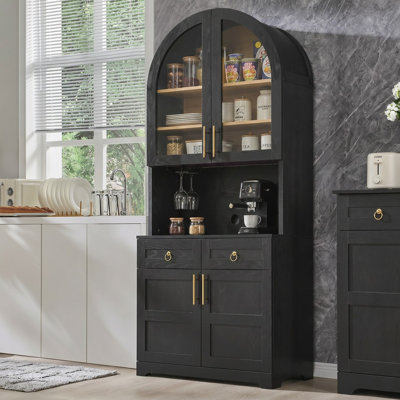 K&K 74.8" Tall Arched Kitchen Pantry, Farmhouse Arched Cabinet With Power Outlet & LED Light, Kitchen Storage Hutch With 2 Drawers & Adjustable Shelve