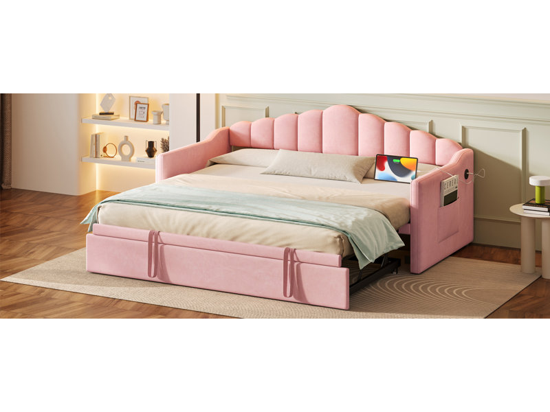 Lit de jour rembourré simple avec lit gigogne escamotable à hauteur réglable et port de charge USB et Type-C, structure de lit de jour avec 2 poches latérales, aucun sommier nécessaire, rose