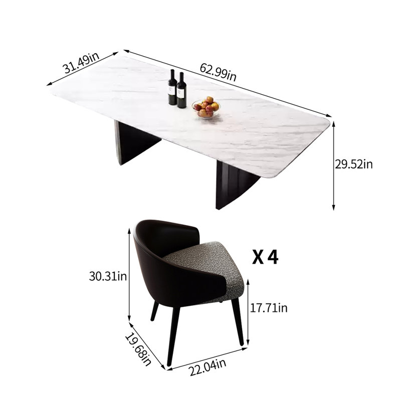 Rectangular luxury simple marble dining table set, 29.52"H x 62.99"L x 31.49"W