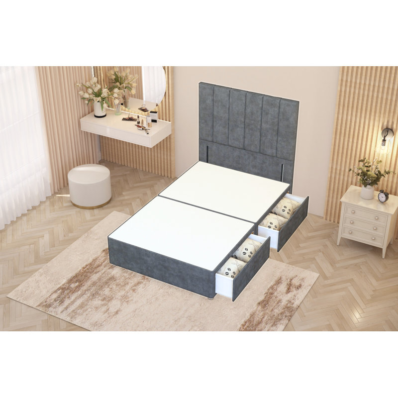 Asterin Divan Bed Base with 54" Floor Standing Headboard Plush Velvet, Double (4'6), Grey, 2 Drawers