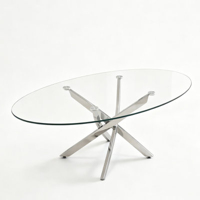 39" Oval Glass Coffee Table, Tempered Glass Top with Crisscross Stainless Steel Legs, Accent Table for Living Room & Home Office