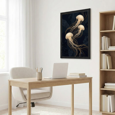 Art mural encadré en bois noir pour salon, chambre à coucher, bureau ou vestibule - décoration murale décorative avec art méduse
