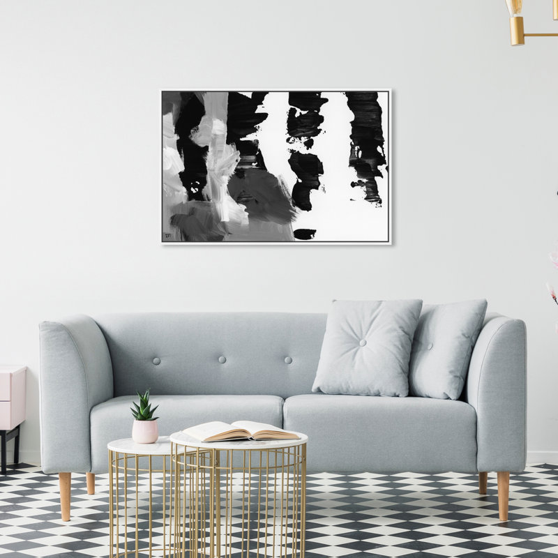 «Pronto Black and White», peinture sur toile, H 16 po x l 24 po, Cadre flottant blanc