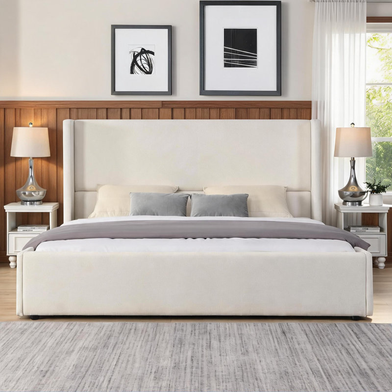 Upholstered King Size Bed Frame, Elegant Statement Tall Wingback Headboard, Soft Fabric, Crisp White