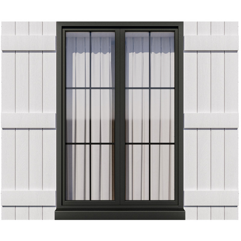 Set of 2 white board-and-batten shutters installed on the sides of a window with a black frame