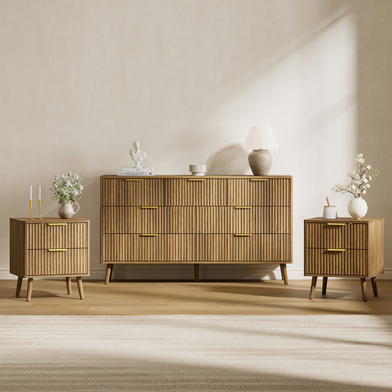 Ensemble de chambre à coucher 3 pièces (1 commode + 2 tables de chevet), Noyer