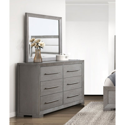 Stylish Gray 6-Drawer Dresser with Mirror, Smooth Glides Modern Wooden Bedroom Furniture