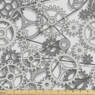 Fab_66710_Ambesonne, tissu Steampunk par The Yard, conception abstraite des engrenages aux tons gris qui travaillent en harmonie, image conceptuelle, tissu décoratif pour le revêtement et les accessoires de maison, gris et blanc