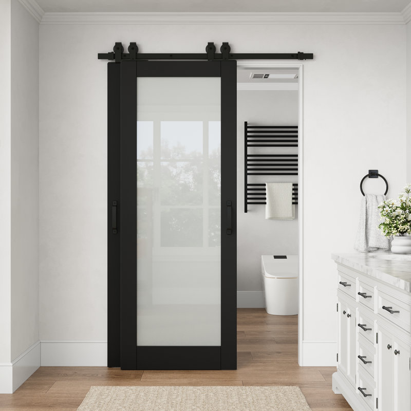 Porte intérieure standard 48 po x 80 po, 1 vantail, en verre trempé dépoli noir, avec ensemble de quincaillerie pour porte coulissante de style grange, idéale pour le garde-manger et la cuisine.