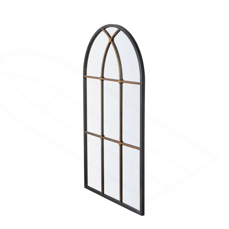 Arched Mirror With Black And Gold Windowpane Design, 47" x 28.3"