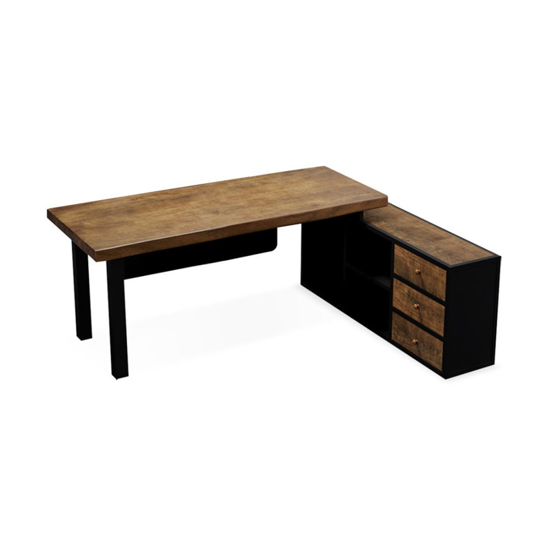 Bureau brun et noir en bois massif en forme de L + fer, H 29,5 po x l 62,9 po x P 27,5 po