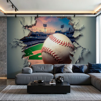 Peler et coller le papier peint mural, autocollants muraux de baseball 3D, thème de la chambre des garçons, stade craquelé, art mural auto-adhésif et amovible