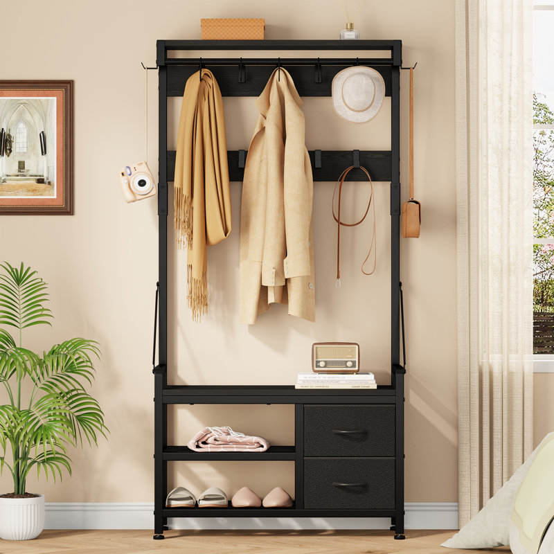  Wood 5-In-1 Hall Tree With Shoe Bench, Coat Rack, Hooks, Drawers & Top Shelf –Modern Farmhouse Entryway Organizer For Mudroom Or Foyer