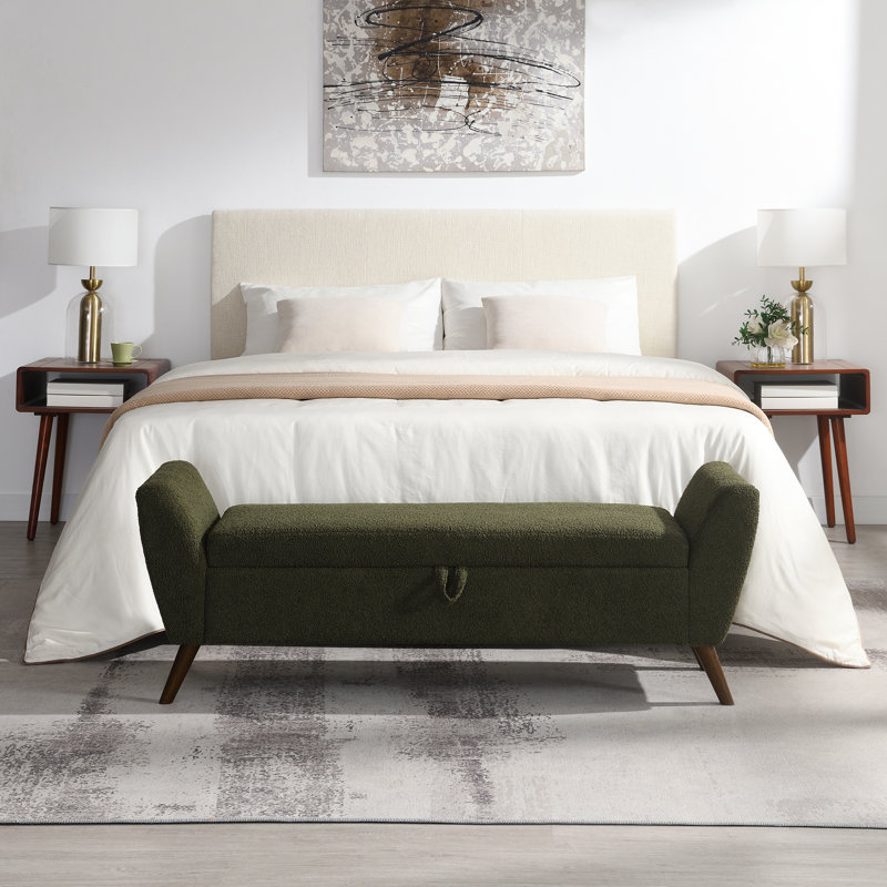 Sage Green Mid-Century Padded Storage Bench, 60 Inch 2-Seat with Interior Storage and Solid Wood Legs