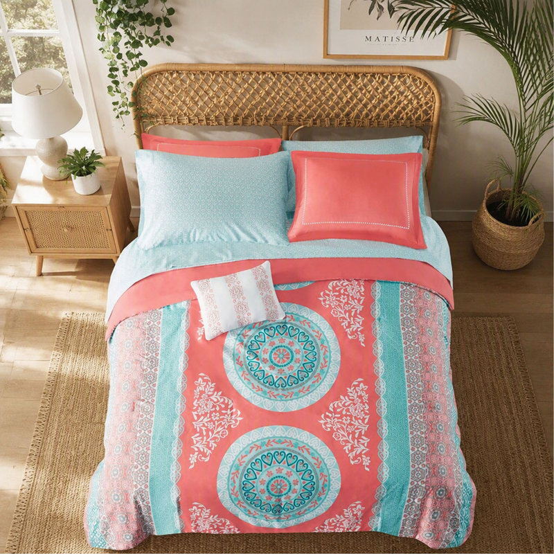 Ensemble d'édredon Boho avec draps - Grand, Queen Comforter + 8 Additional Pieces, Coral Moroccan