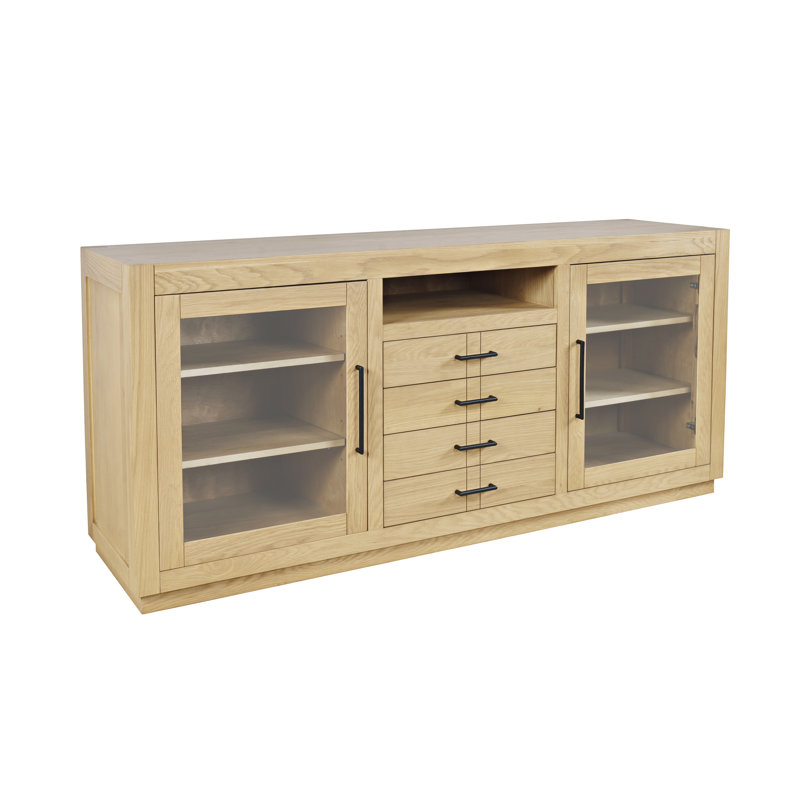 Console média contemporaine 60 po avec portes en verre trempé, tiroirs et tablettes réglables Kavia - chêne clair, Bois brun